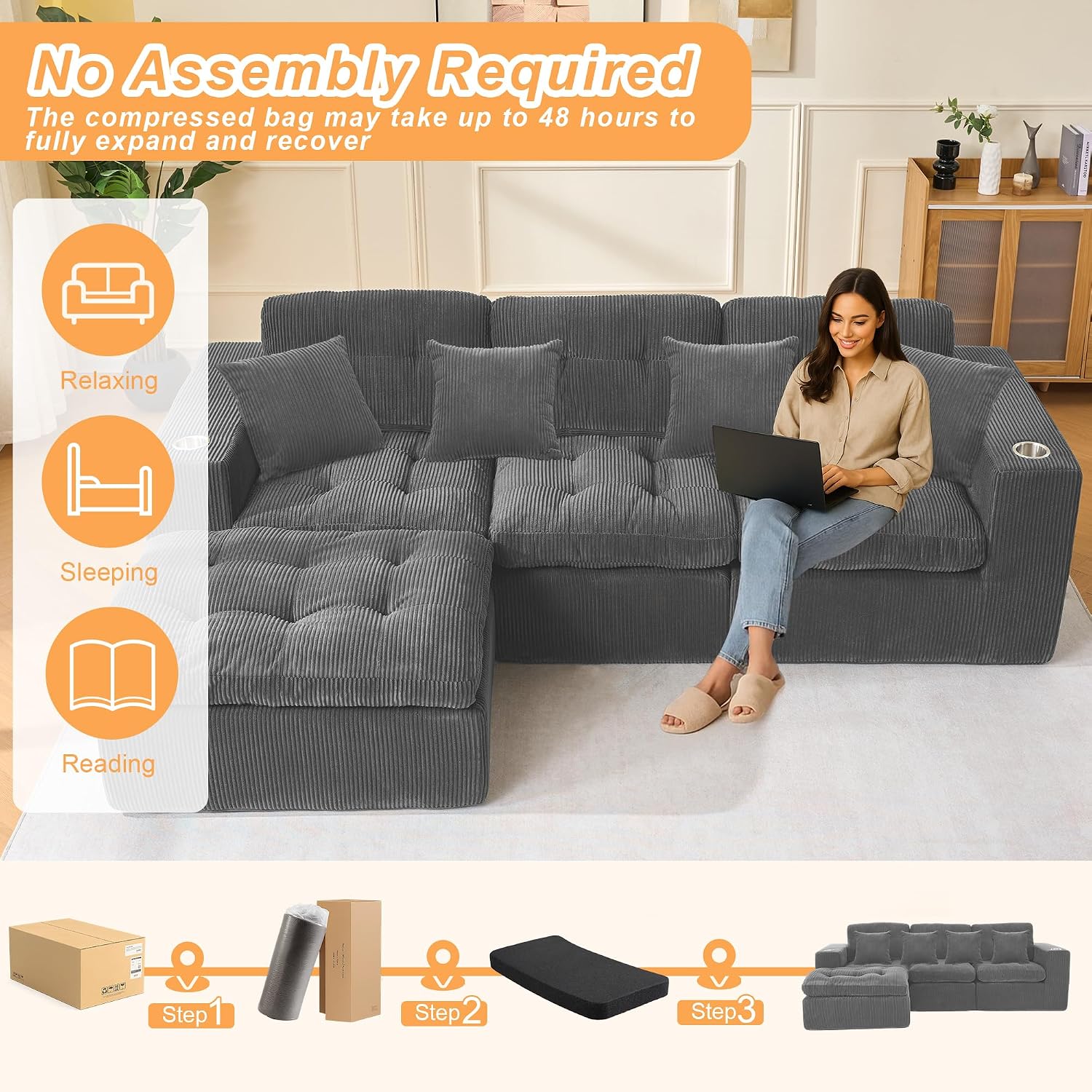 108 inch L Shaped Modular Sofa Bed, 50' Deep Seat Corduroy Boneless Sectional Couch with Ottoman No Assembly, 1400lbs Capacity Cloud Sleeper for Living Room Apartment (Dark Gray)