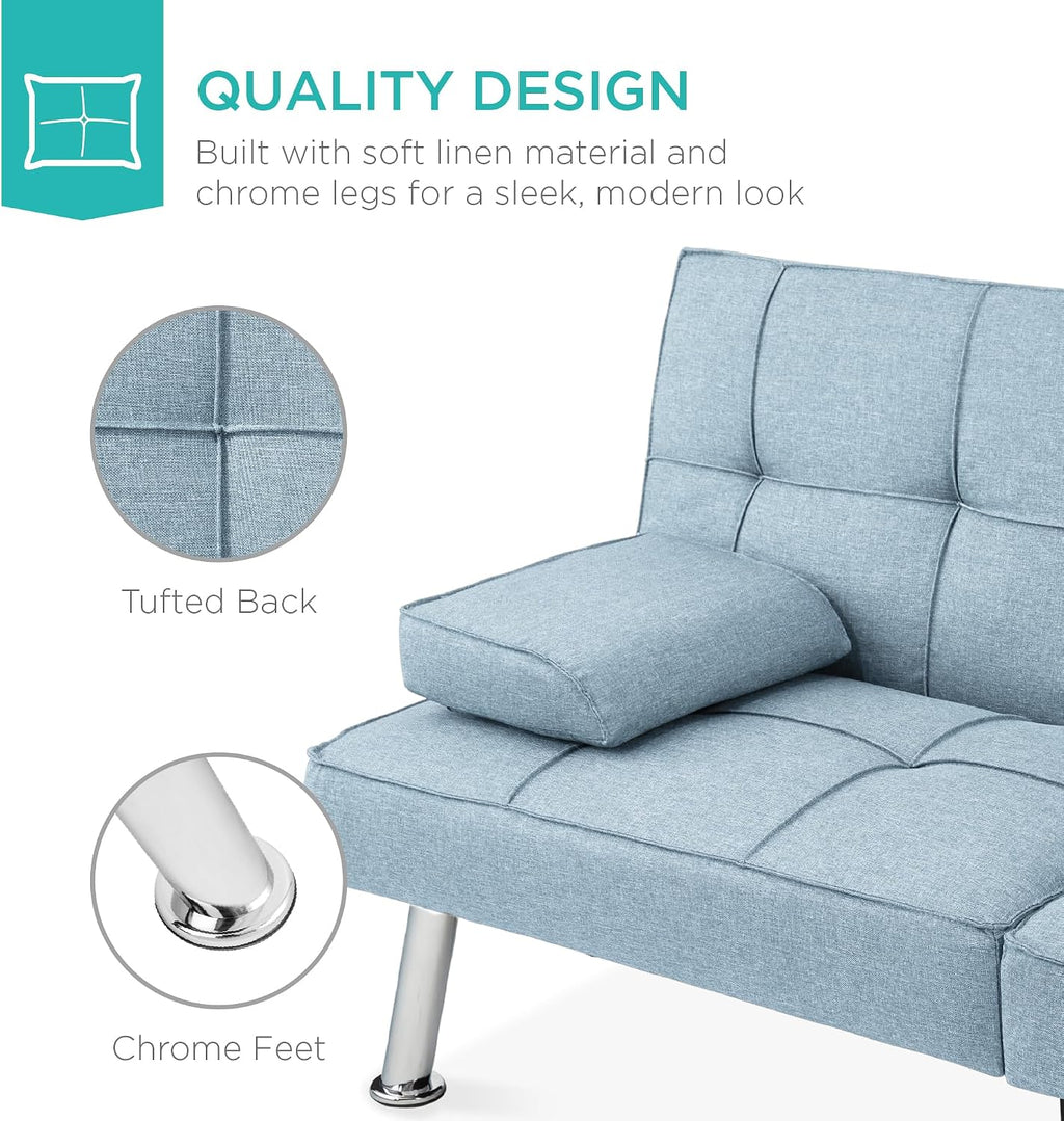 Best Choice Products Linen Modern Folding Futon, Reclining Sofa Bed for Apartment, Dorm w/Removable Armrests, 2 Cupholders - Light Blue