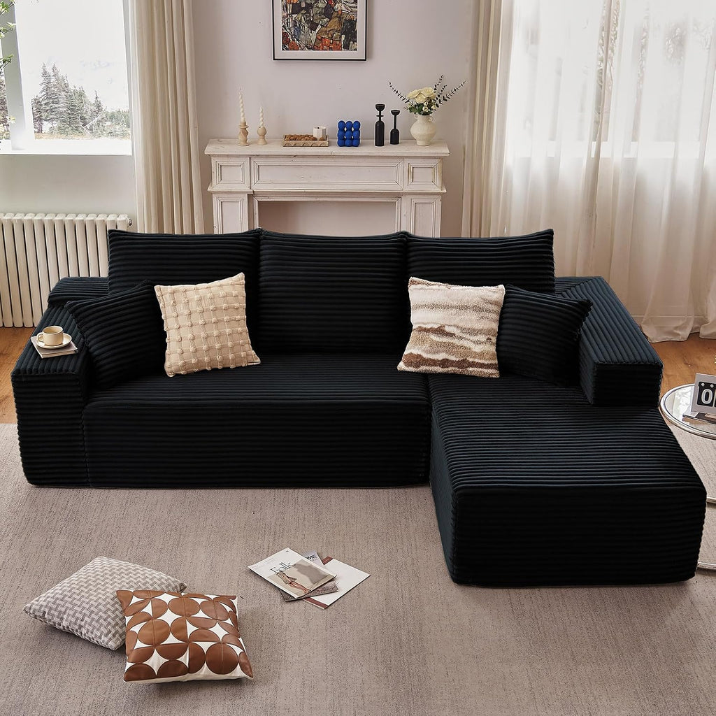 95.8' Cloud Sectional Couch with L-Shape Chaise, Modern Modular Comfy Sofa Chaise Longue, Upholstered Corduroy Couches Sleeper with Deep Seat for Living Room Bedroom, No Assembly Required, Black