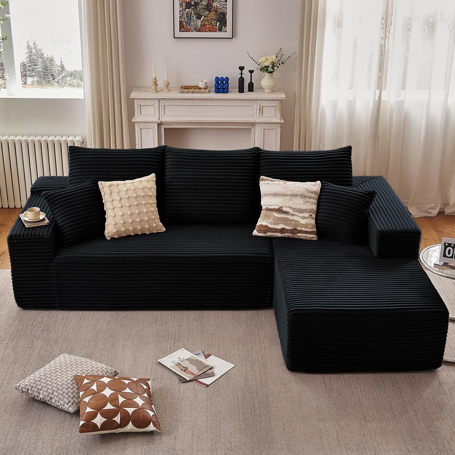 95.8' Cloud Sectional Couch with L-Shape Chaise, Modern Modular Comfy Sofa Chaise Longue, Upholstered Corduroy Couches Sleeper with Deep Seat for Living Room Bedroom, No Assembly Required, Black