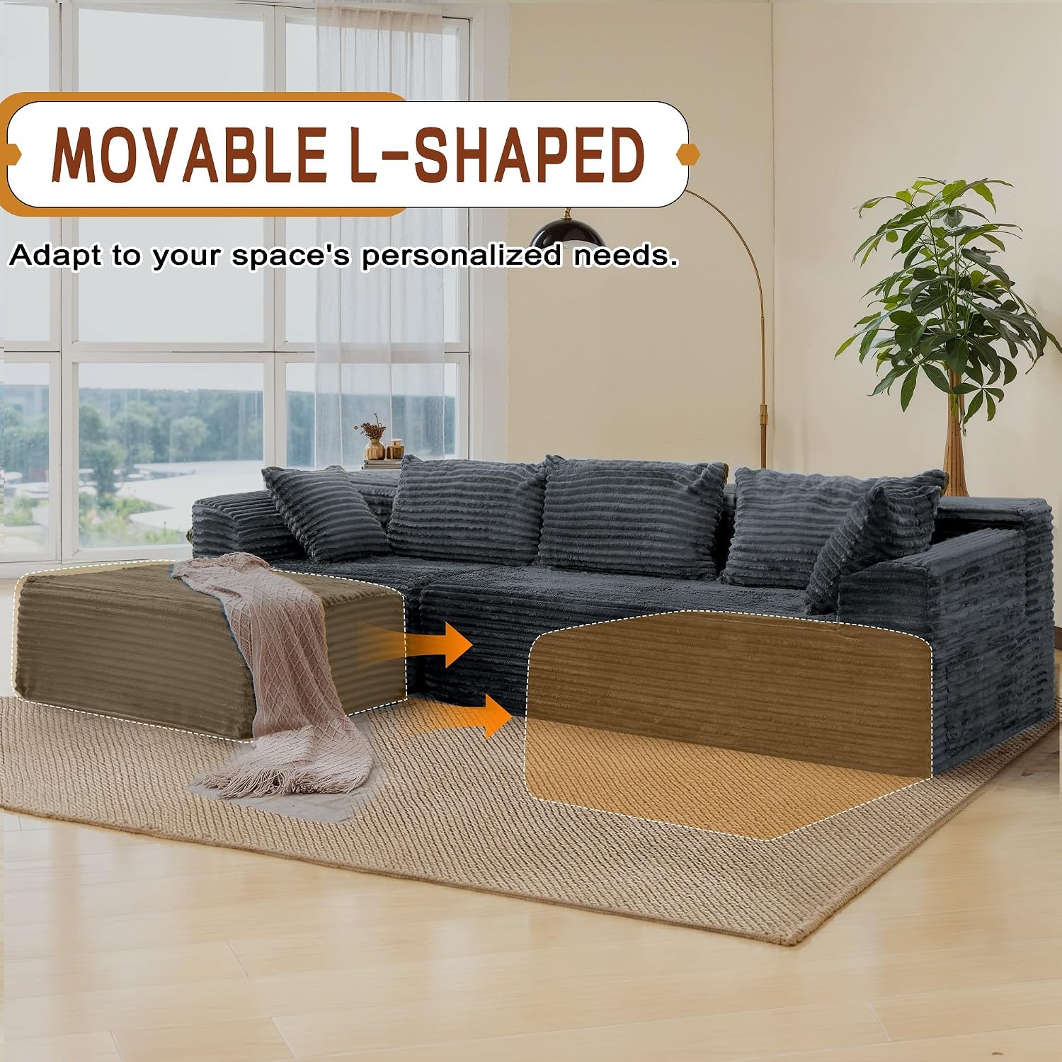 Korser 110' L-Shaped Modular Sectional Sofa with Chaise, Boneless Comfy Corduroy Fluffy Couch with Deep Seat and Side Pockets, Flexible Module Combination for Living Room, No Assembly, Side Pockets