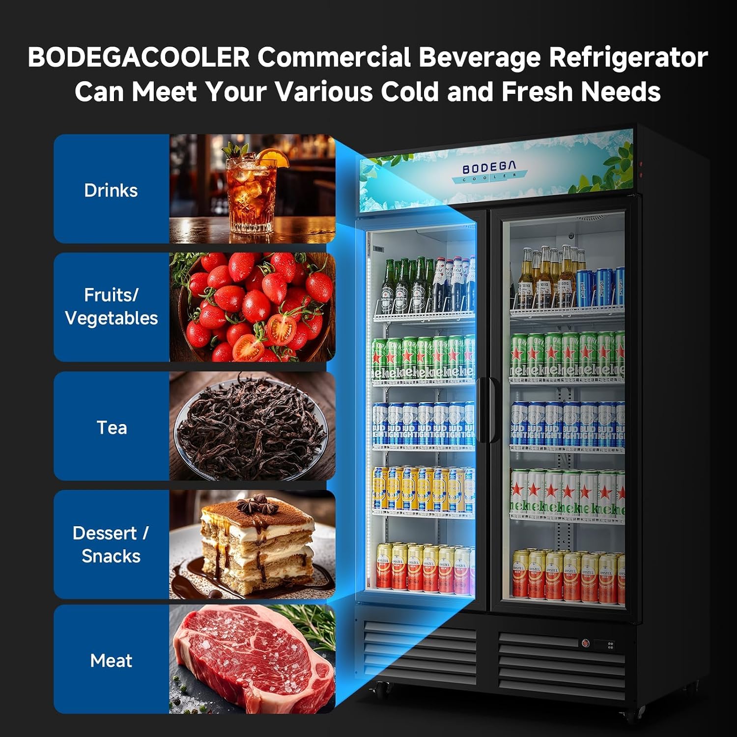 BODEGACOOLER Commercial Merchandiser Refrigerator,2 Glass Door Commercial Beverage Refrigerator, Beverage Display Cooler with Soft LED Light, Adjustable Shelves and 4 Strong Castors, 35.4 Cu. Ft,Black