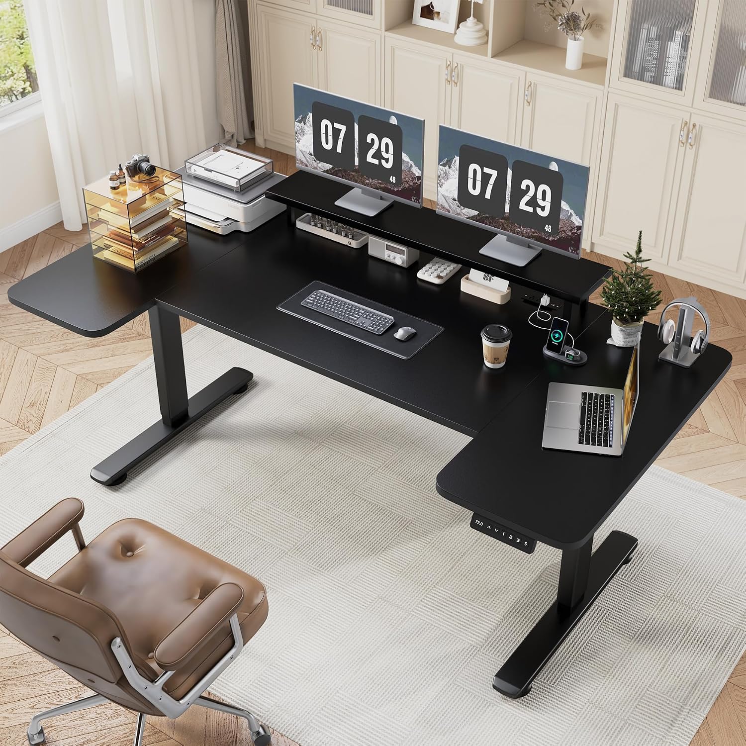 EnHomee U Shaped Electric Standing Desk, 71 x 36 Inch Height Adjustable Desk with Power Outlets, 3 Memory Heights, Monitor Shelf, Home Office Work Study Gaming Computer Desk