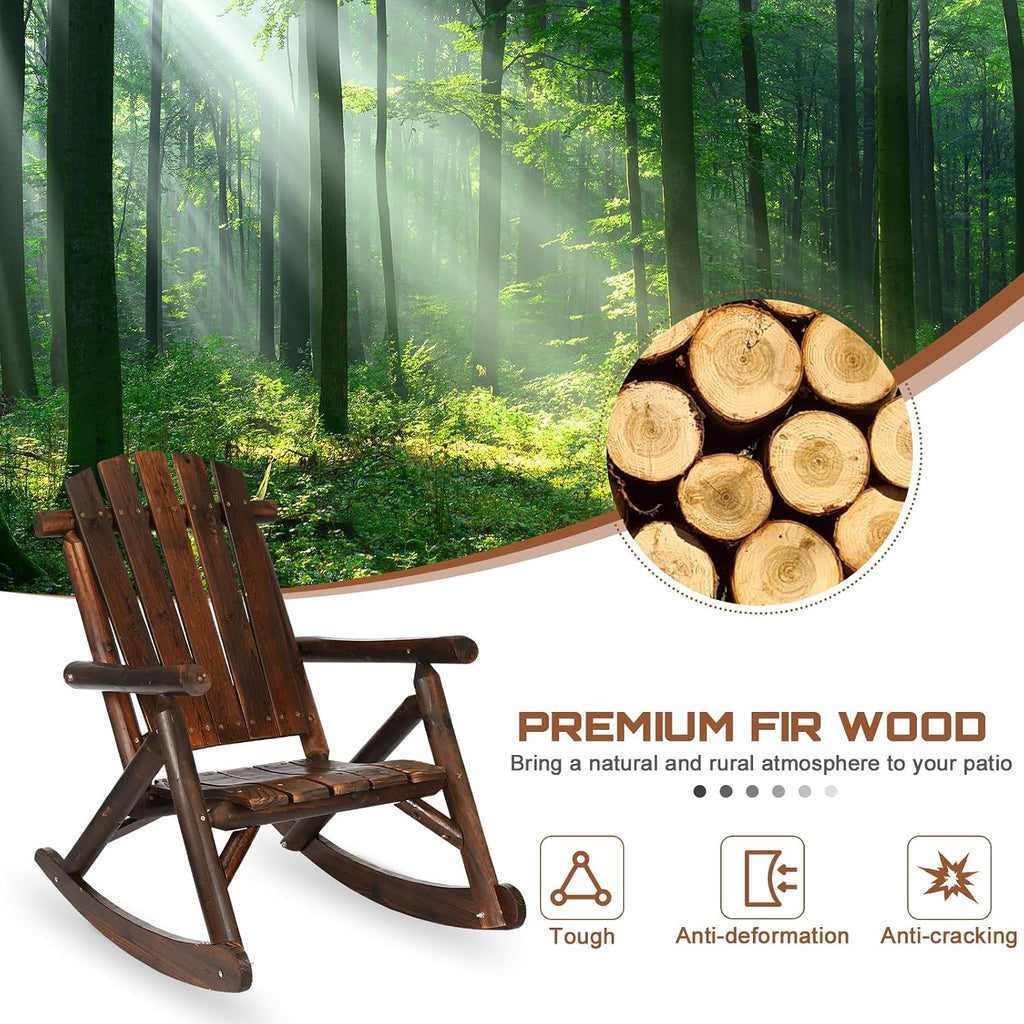 HOMEDIARY Wooden Adirondack Rocking Chair, Patio Log Rocker Outdoor Lounge Chair with Slatted Wooden Design, High Fanned Back & Classic Rustic Style for Garden Patio Backyard Porch, Carbonized