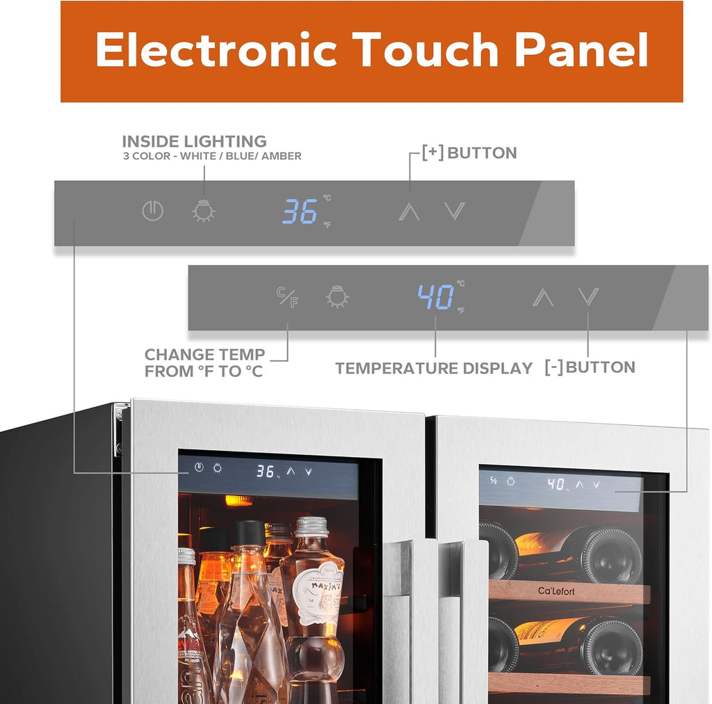 Ca'Lefort 24 Inch Wine and Beverage Refrigerator, 60 Can and 20 Bottle Wine Fridge 36-72°F, 3 LED Dual Zone Wine Cooler with Glass Door, Built-in Compressor Refrigerator for Home/Kitchen (4.10 cu.ft)