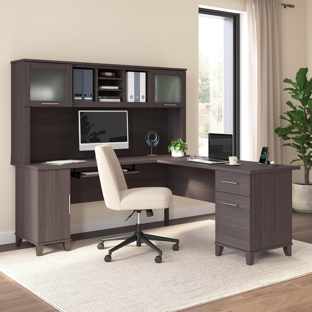 Bush Home 72-Inch L-Shaped Desk with Hutch, Corner Computer Office Desk with File and Box Drawers, Shelves and Storage Cabinet, Home Office Workstation, Somerset Collection, Storm Gray