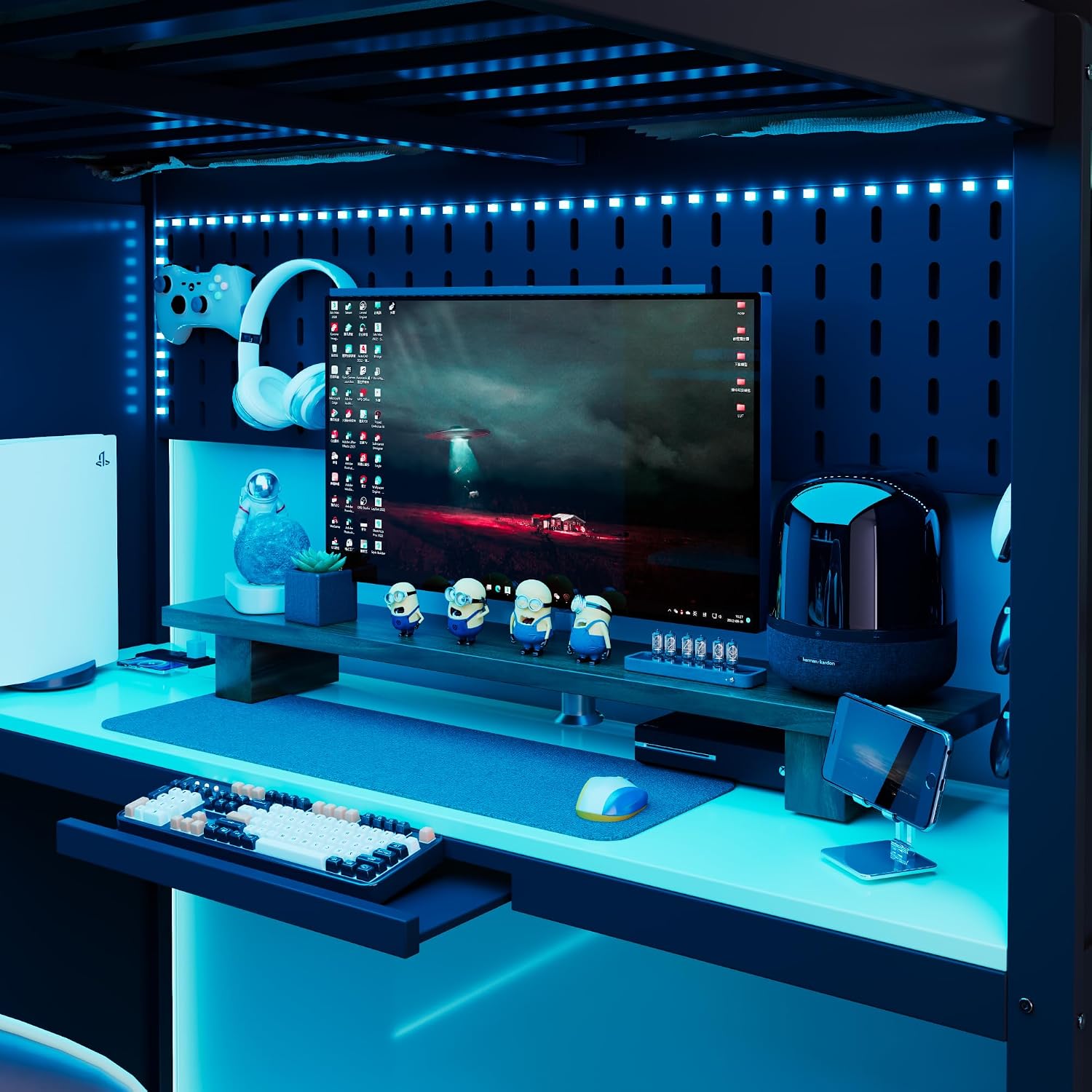 Full Gaming Loft Bed with Wardrobe & Desk & Charging Station & RGB Light,Esports Wood Loft Bed Frame with Storage Shelves,Curtains and DIY Pegboard,Space Saving,No Box Spring Needed,Black Blue