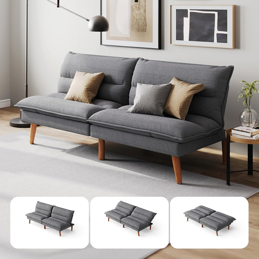 LINSY HOME Futon Sofa Bed - Convertible Corduroy Futon Couch Bed with Adjustable Backrest, Modern Small Loveseat Sleeper Sofa for Small Spaces, Living Room, Apartment or Office (Grey)