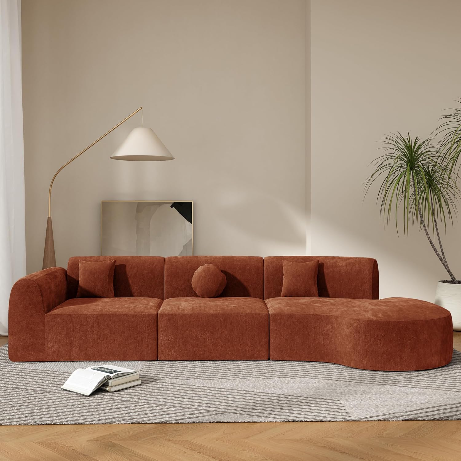 Merax 140' Curved Polyester Sectional Sofa Set, 7 Seat Modern Cloud Couch with Chaise Lounge,3 Pillows, Fully Assembled for Living Room, Orange