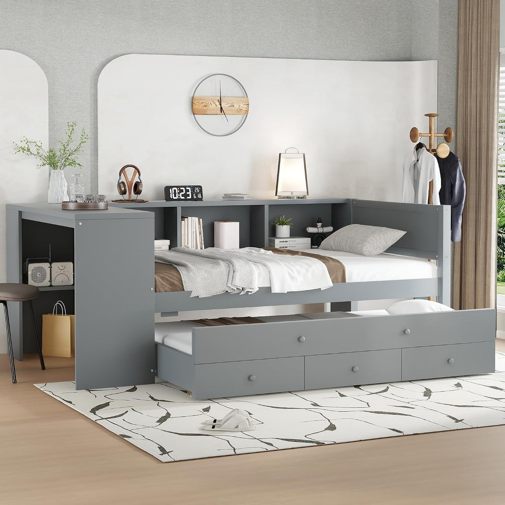 SOFTSEA Twin Size Daybed with Trundle & 3 Storage Drawers, Corner Bed with Desk and Bookcase Headboard, Wooden Daybed with Pull Out Trundle and Storage Shelves for Kids Teens, Grey