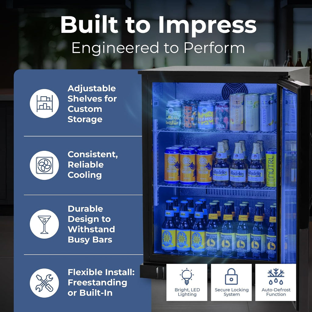 Procool 1-Door Counter Height Beverage Refrigerator - 24' Wide Energy Efficient Black Beer Fridge With Glass Door & Blue LED Lighting - Commercial Back Bar Cooler