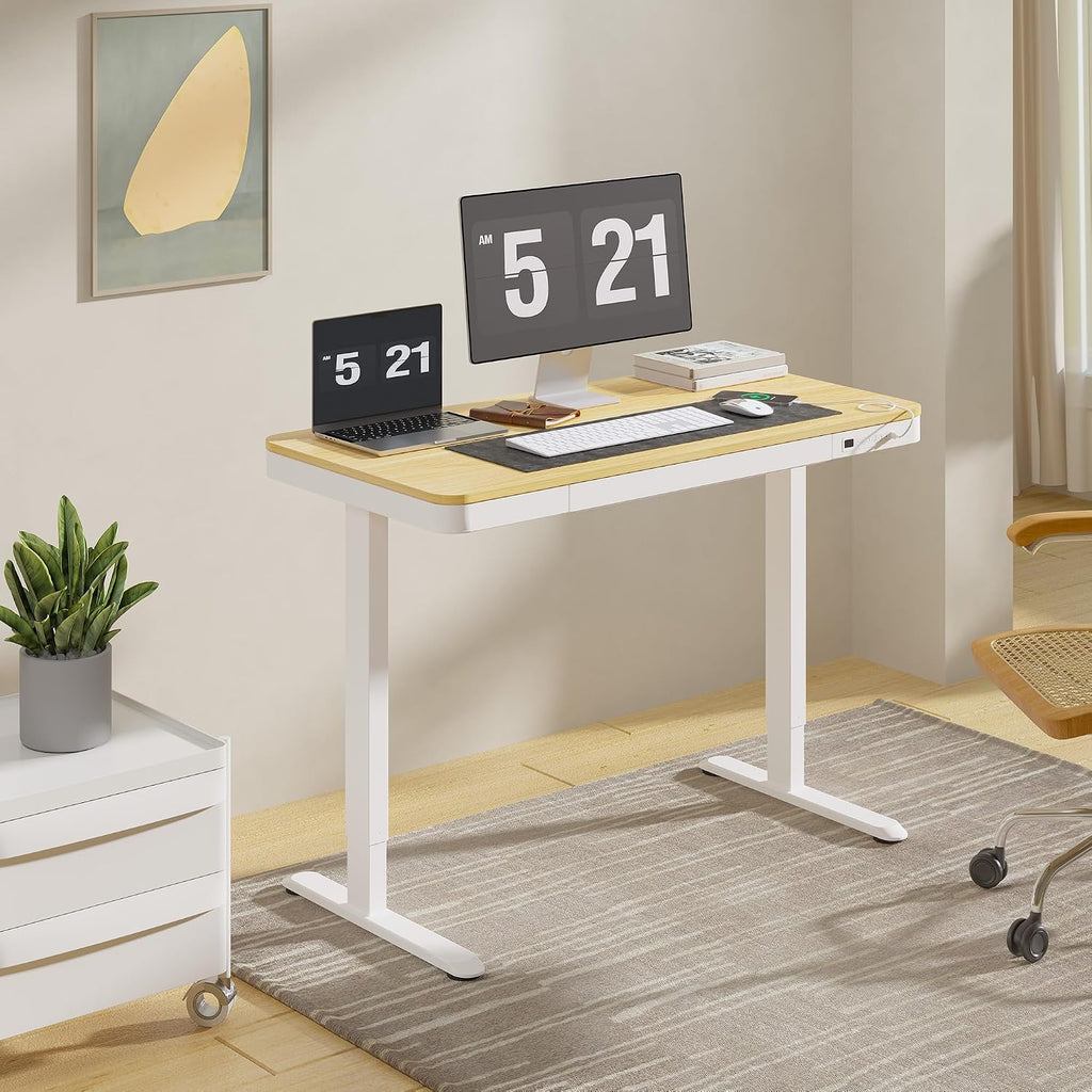 FLEXISPOT Comhar Electric Standing Desk with Drawers Charging USB Port, Height Adjustable 48' Whole-Piece Quick Install Home Office Computer Laptop Table with Storage (Maple Top + White Frame)