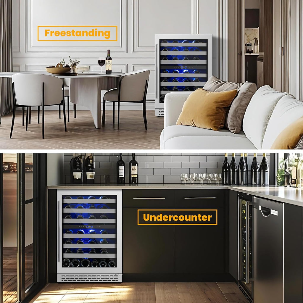 24 Inch Wine Cooler & Fridge Under Counter,54 Bottle Dual Zone Wine Cooler,New Upgrade Compressor,Blue Light Built-in/Freestanding,Reversible Stainless Steel Door Wine Fridge for Home/Kitchen