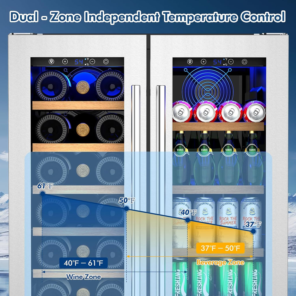 Antarctic Star Dual Zone Wine and Beverage Refrigerator, 24 Inch 4.4 Cu.Ft Built-in or Freestanding Under Counter Cooler with French Glass Doors, Fits 21 Bottles and 88 Cans, Digital Touch Control