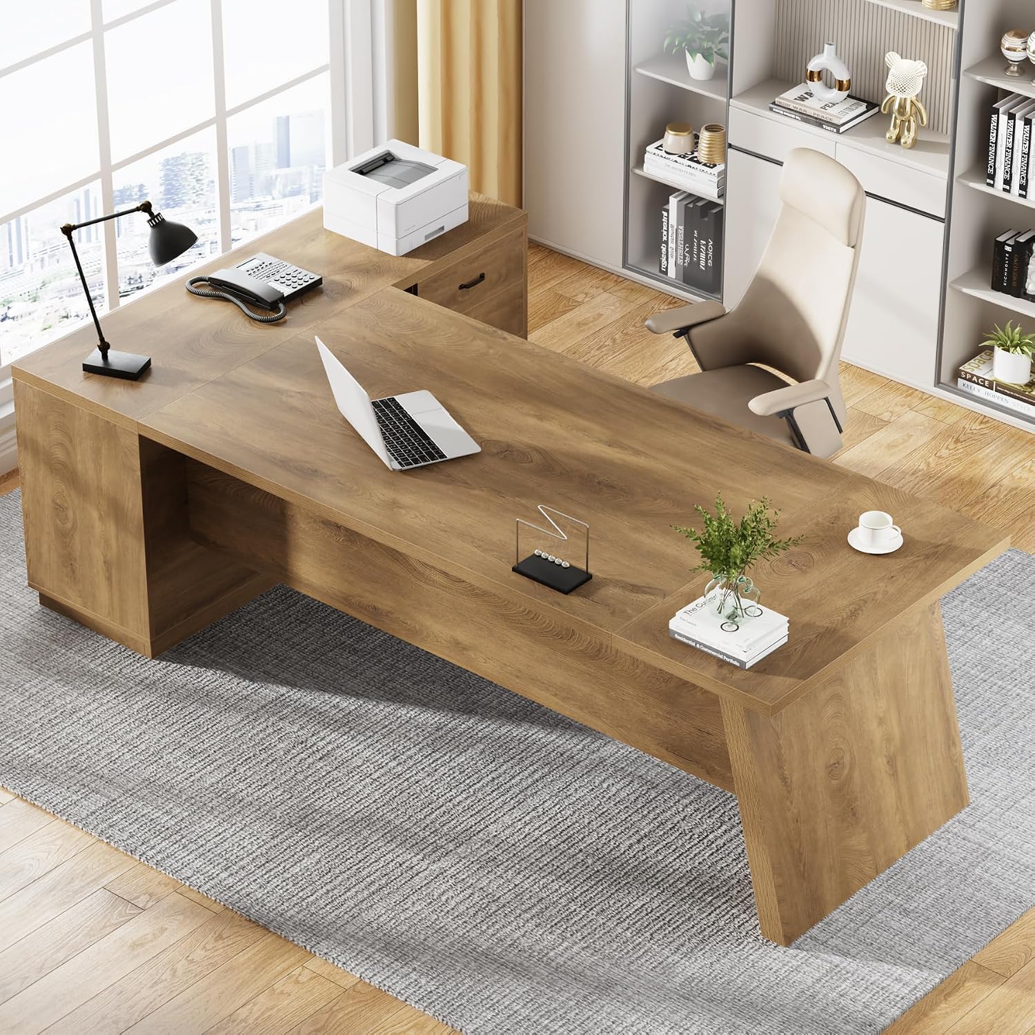 Tribesigns Modern L-Shaped Executive Desk, 78.7' L x 31.5' W x 29.5' H, Brown, 3 Drawers, 2 Shelves, Scratch Resistant, Home Office Desk