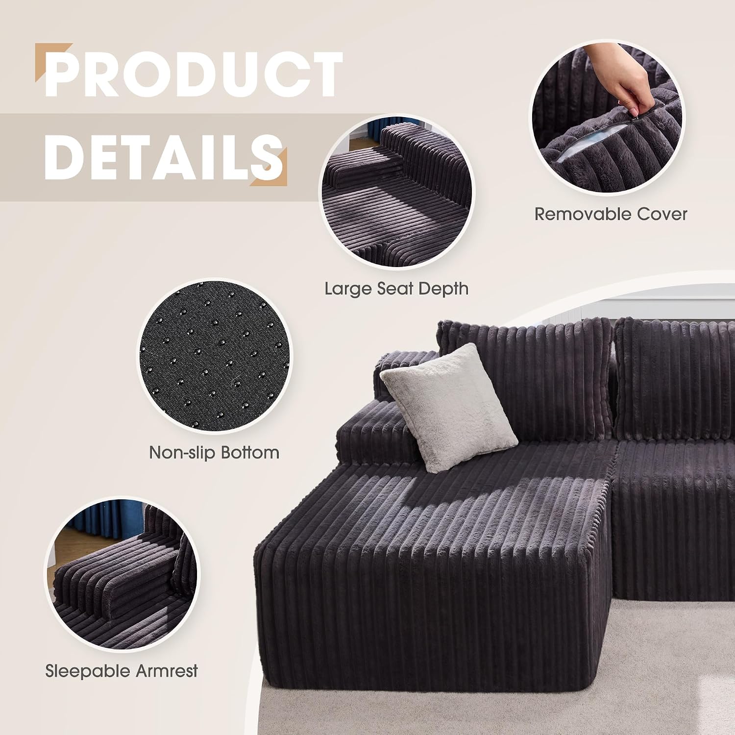 Modular Sectional Sofa Couches L-Shape Couch 3 Seat Modular Sofa Memory Foam Sectional Couches for Living Room, Cloud Couch with Oversized Chaise (Grey Stripe, 98' Left Facing Chaise)