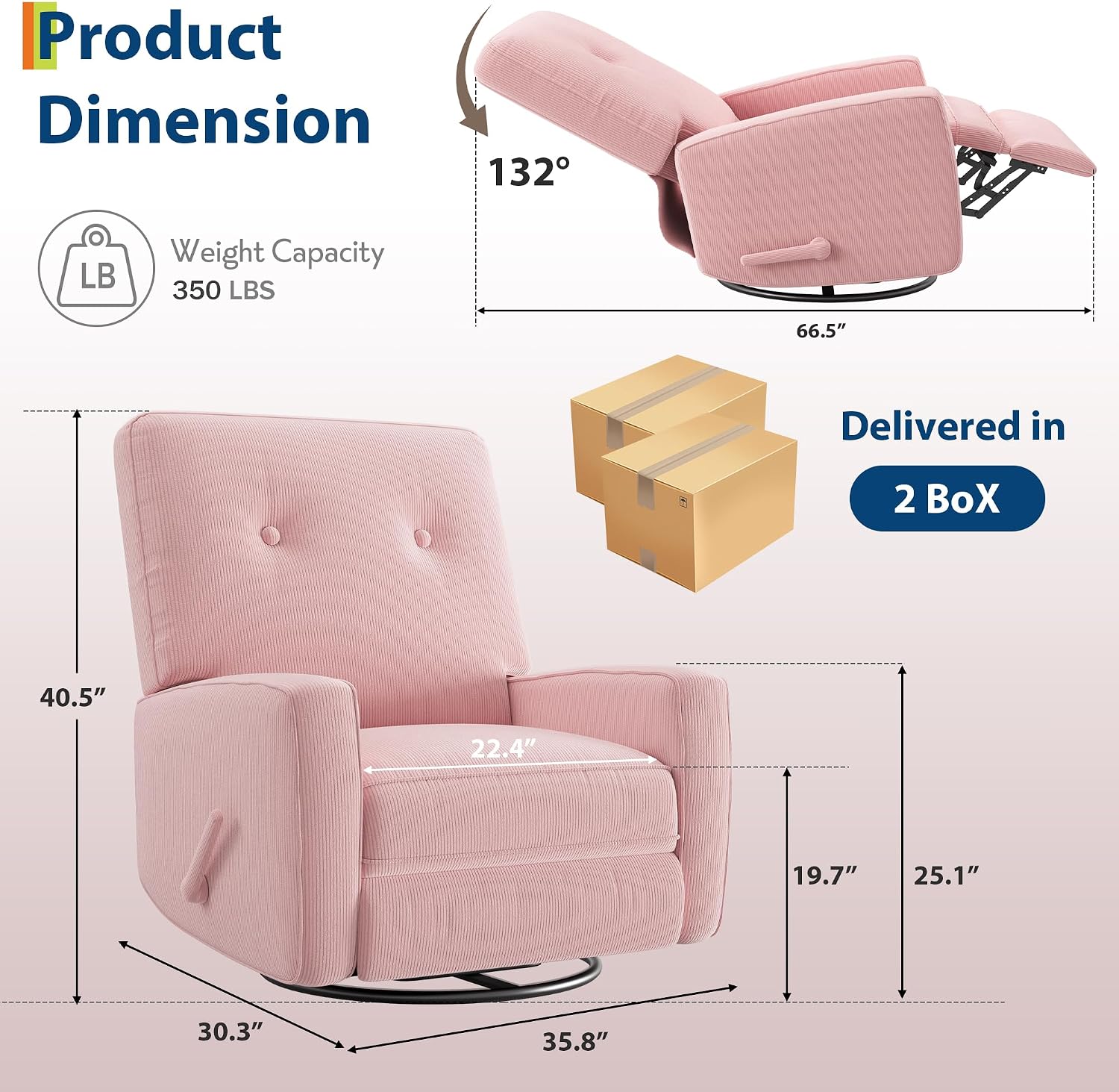 Garvee Nursery Recliner Chair, 360° Swivel Rocking Glider Chair for Adults with Adjustable Backrest & Footrest, Upholstered Armchair for Living Rooms, Bedrooms, Apartments, Pink