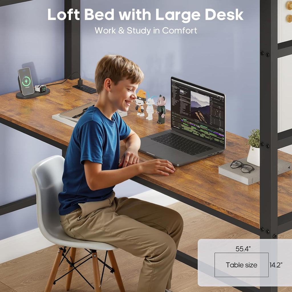 ADORNEVE Full Size Loft Bed with Desk and 8 Storage Drawers, LED Metal Loft Bed with Power Outlet, 2 Shelves & Clothing Rack, Bed with Safety Guardrail & Ladder,Space-Saving, Rustic Brown