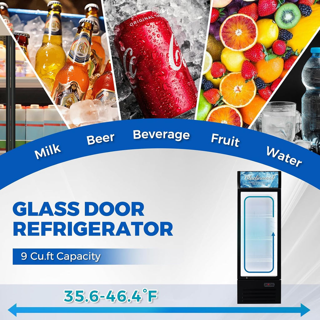 Commercial Refrigerators 9 Cu.Ft Upright Merchandiser Drink Cooler – Glass Door Beverage Fridge with LED Light, Adjustable Shelves, Lock Wheels – Display Refrigerator for Beer, Bar, Shop
