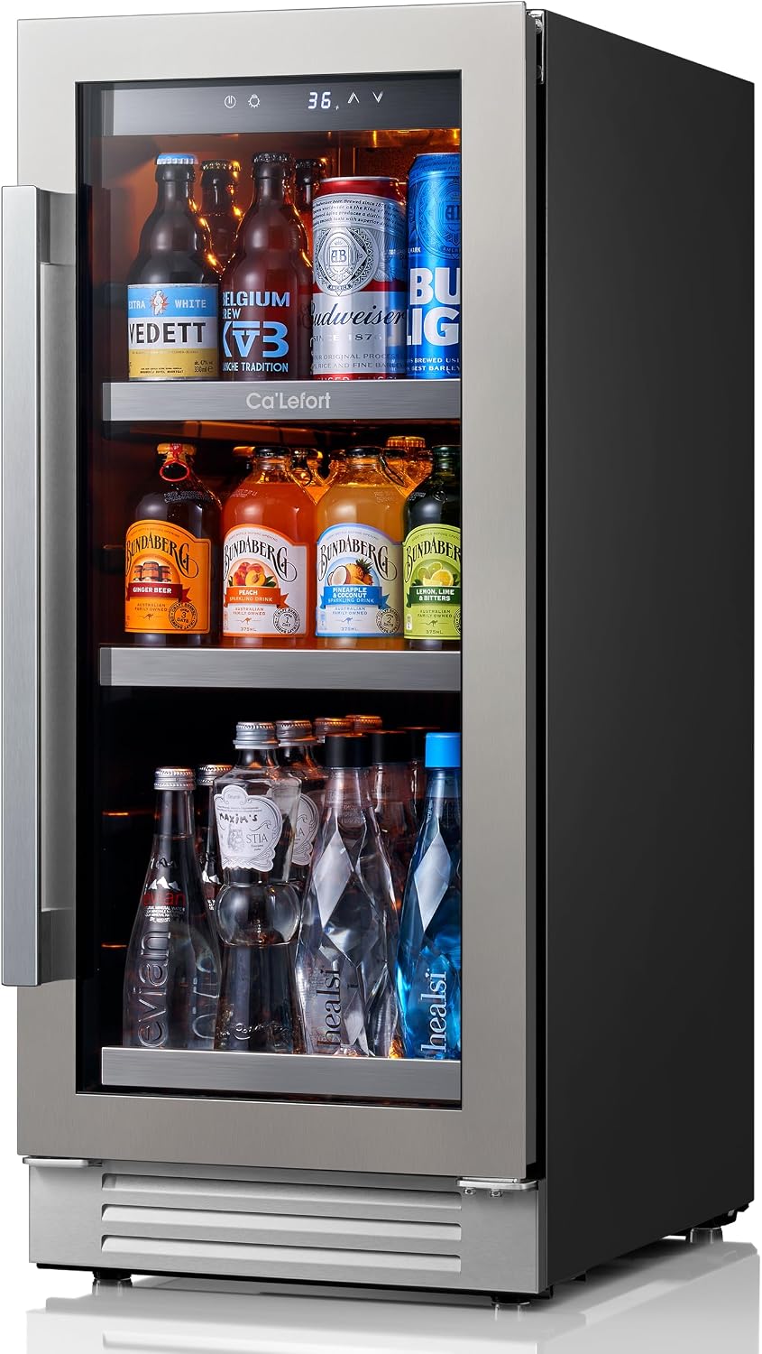 Ca'Lefort 15 Inch Beverage Refrigerator Cooler - 100 Can Mini Fridge with Glass Door for Soda Beer or Wine, 3 LED Compressor Fridge for Home Office Bar with 3 Adjustable Removable Shelves(3.0 cu.ft)