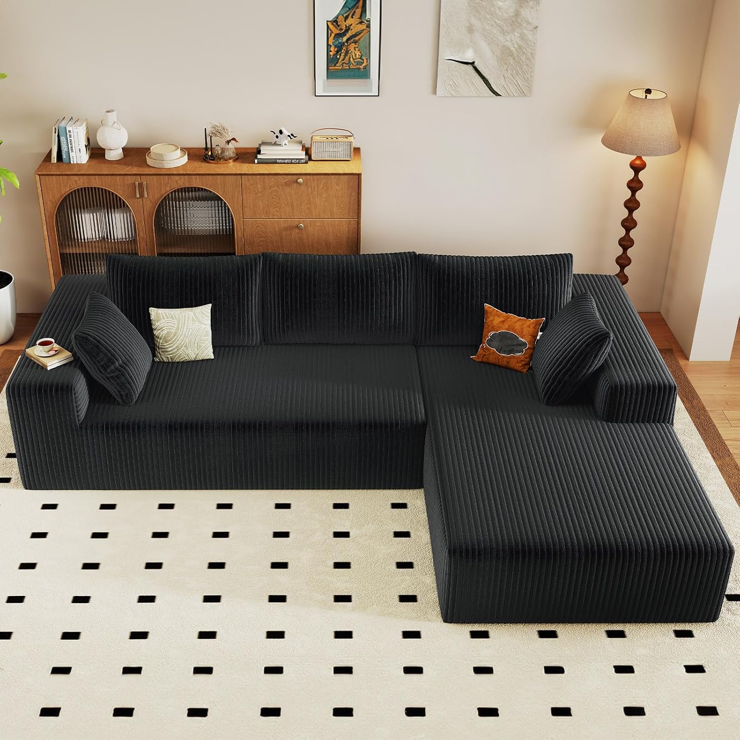 96' Modular Sectional Couch, Boneless L Shaped Cloud Sofa with Chaise Lounge, Corduroy Upholstered Couches Memory Foam Deep Seat, No Assembly Required, Ideal for Living Room(Black, Right Facing)