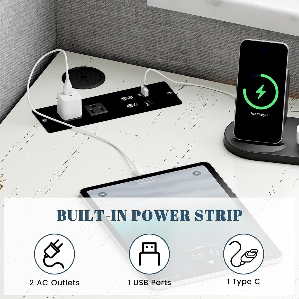 Corner Desk with Charging Station & LED Light, Triangle Computer Desk for Small Spaces with Storage Shelves & CPU Stand, Space Saving Writing & Makeup Vanity Desk -White