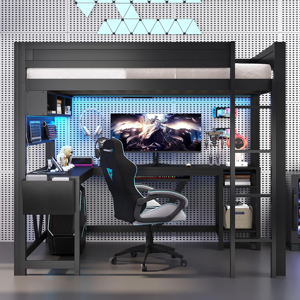Unique Wood Full Size Gaming Loft Bed with Desk and Storage Shelves,LED and Charging Station,for Kids Teens Adults Bedroom Use (Black/LED, Full)