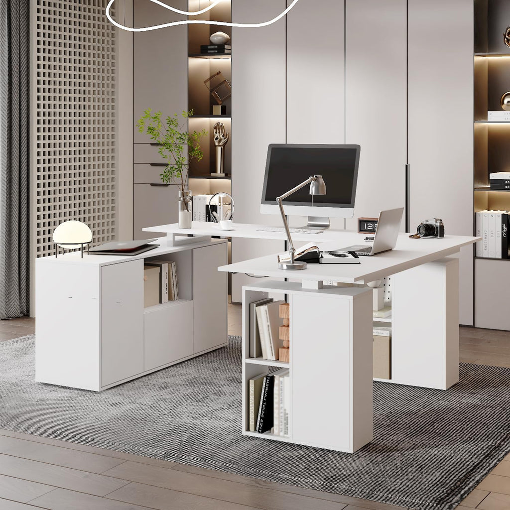 63' W Height Adjustable Standing Desk with Drawers & Cabinet, Electric Stand up Desk with Storage, C Shaped Home Office Table Corner Computer Workstation, White (28.1'-46.6' H)