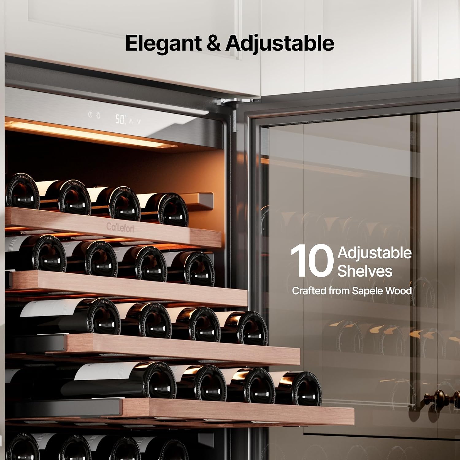 Ca'Lefort 90 Bottle Wine Fridge - 24 Inch 40-65°F Wine Cooler with Glass Door & Bottom Drawer, 10 Adjustable Shelves & 3 LED Lights, Energy Star Certified Built-in/Freestanding for Home/Bar/Kitchen