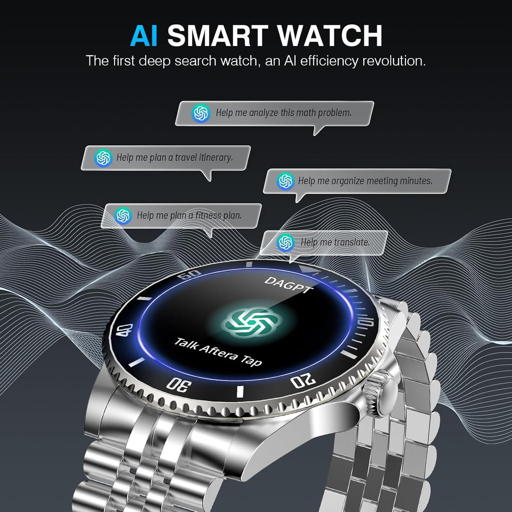 SOUYIE AI Smart Watch, DA GPT Waterproof Smartwatch, 1.19-inch AMOLED Display, 24/7 Heart Rate, Blood Oxygen, Blood Pressure, Sleep Monitor, 107 Sports Modes, Compatible Android and iOS Silver Black