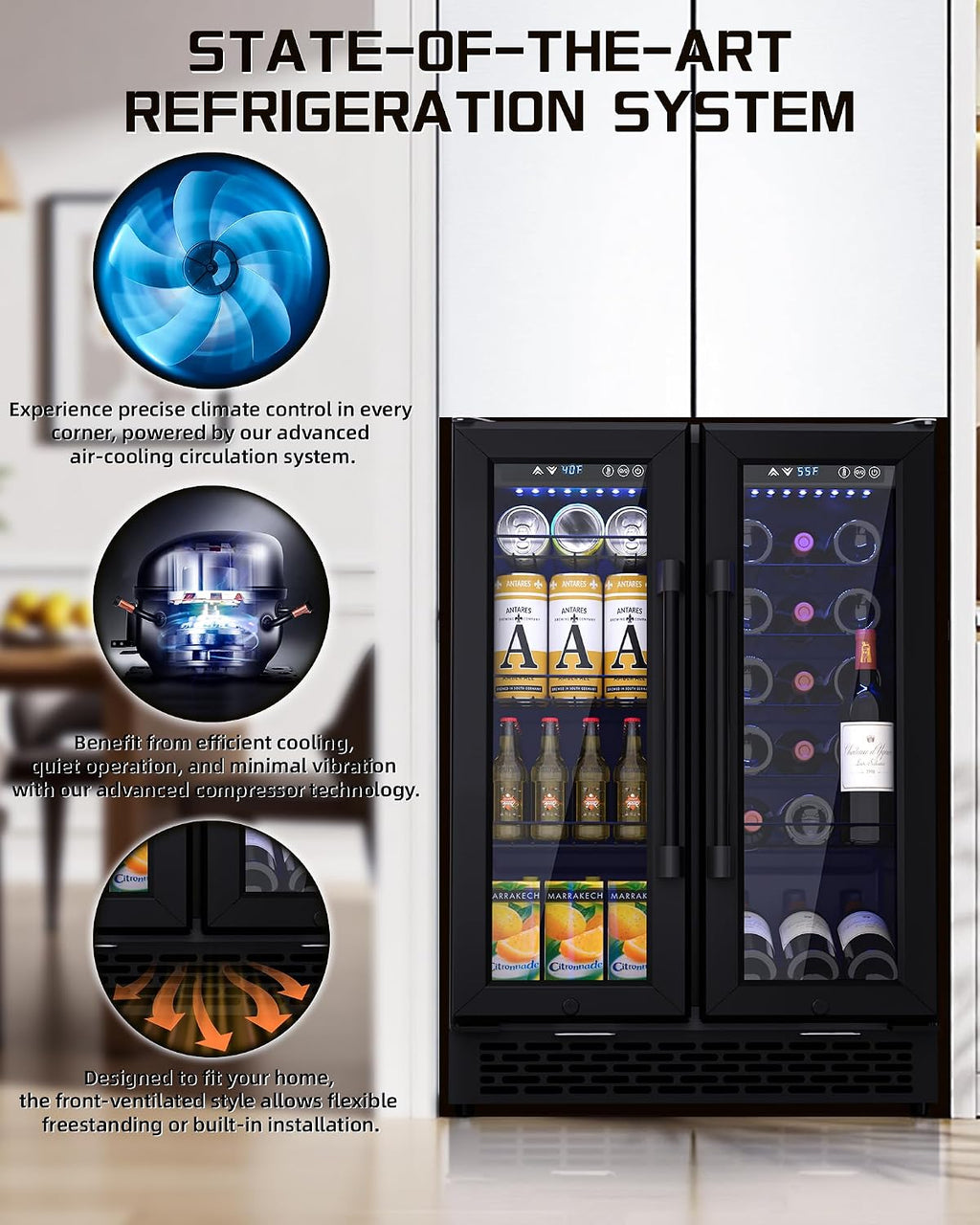 French Door Beverage Refrigerator: 160 Cans & 20 Wine Bottles Capacity, Dual Zone Cooling for Beer, Soda, and Wine, For Kitchen/Bar Use