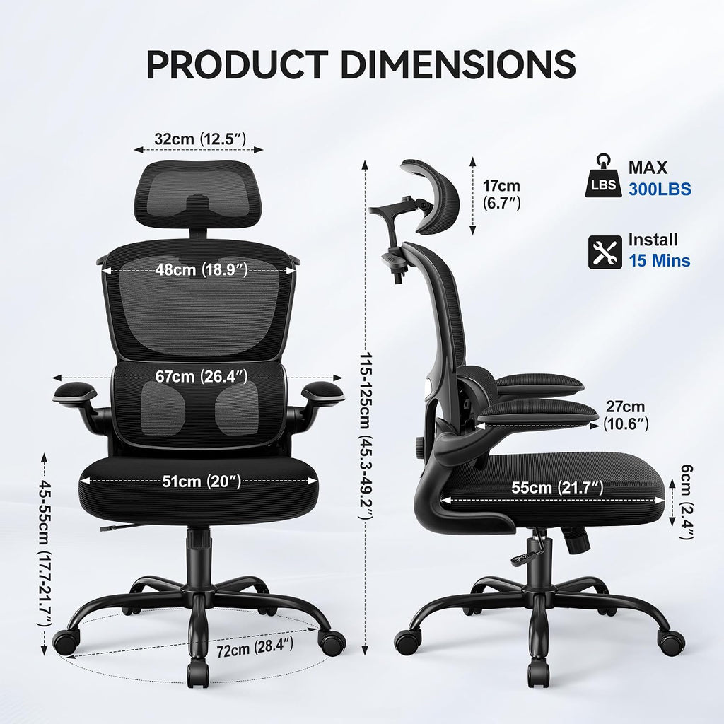 ALLGOD Ergonomic Office Chair, Mesh Desk Chair with Lumbar Support, High Back Home Office Chair with Adjustable Headrest and Flip-Up Arms, Comfortable Computer Chair, Thick Cushion, Black-2 Pack