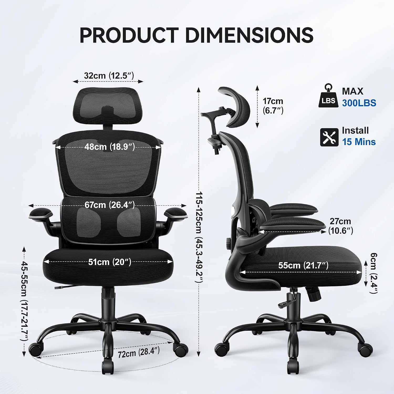 ALLGOD Ergonomic Office Chair, Mesh Desk Chair with Lumbar Support, High Back Home Office Chair with Adjustable Headrest and Flip-Up Arms, Comfortable Computer Chair, Thick Cushion,Black-4 Pack