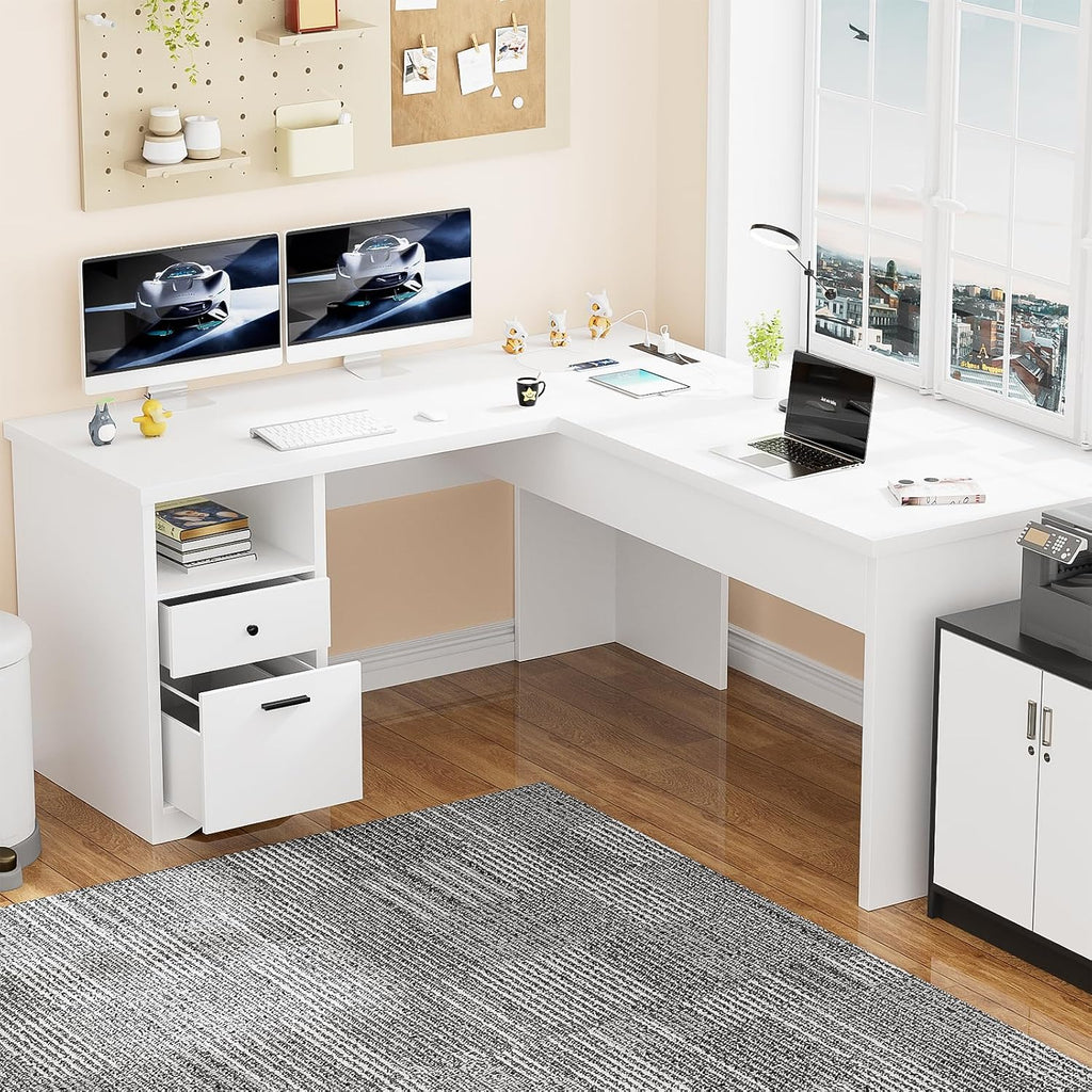 Unikito Lift Top L Shaped Desk with Drawer, Large Office Desk with Power Outlets and USB Charging Ports, Sturdy Corner Computer Desk Writing Table with Storage, L Shape Standing Desk, White