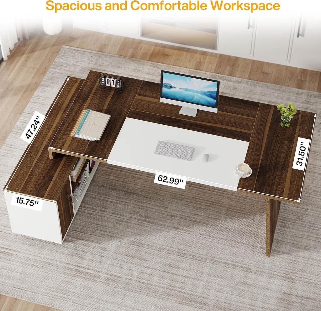 Tribesigns L-Shaped Executive Office Desk, 70.5-Inch Mid-Century Modern Executive Desk with Storage Cabinet and Shelves, Large Computer Desk for Home Office, Brown + White