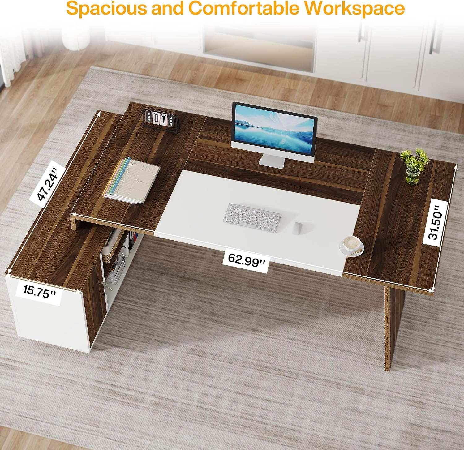 Tribesigns L-Shaped Executive Office Desk, 70.5-Inch Mid-Century Modern Executive Desk with Storage Cabinet and Shelves, Large Computer Desk for Home Office, Brown + White