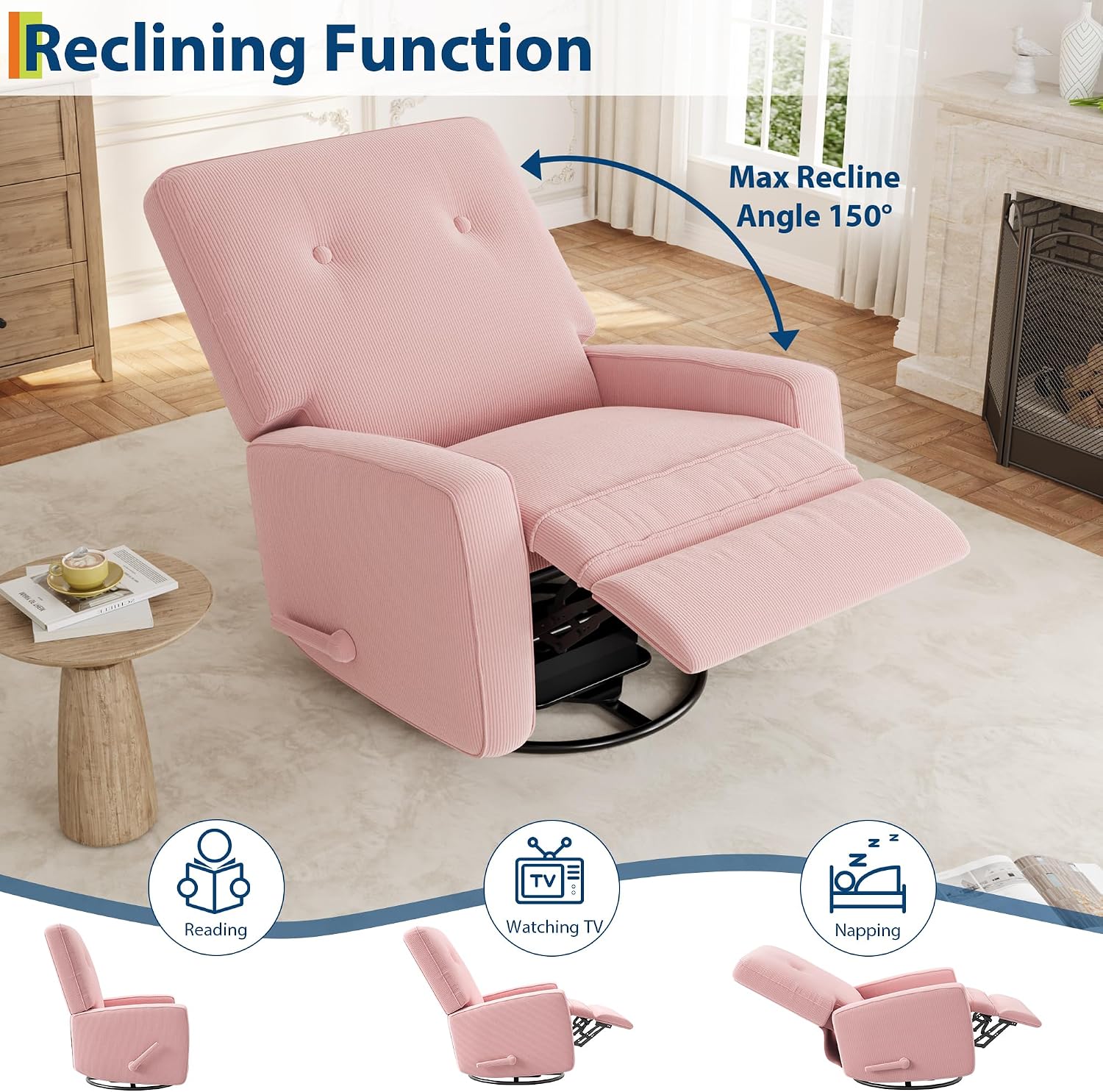 Garvee Nursery Recliner Chair, 360° Swivel Rocking Glider Chair for Adults with Adjustable Backrest & Footrest, Upholstered Armchair for Living Rooms, Bedrooms, Apartments, Pink