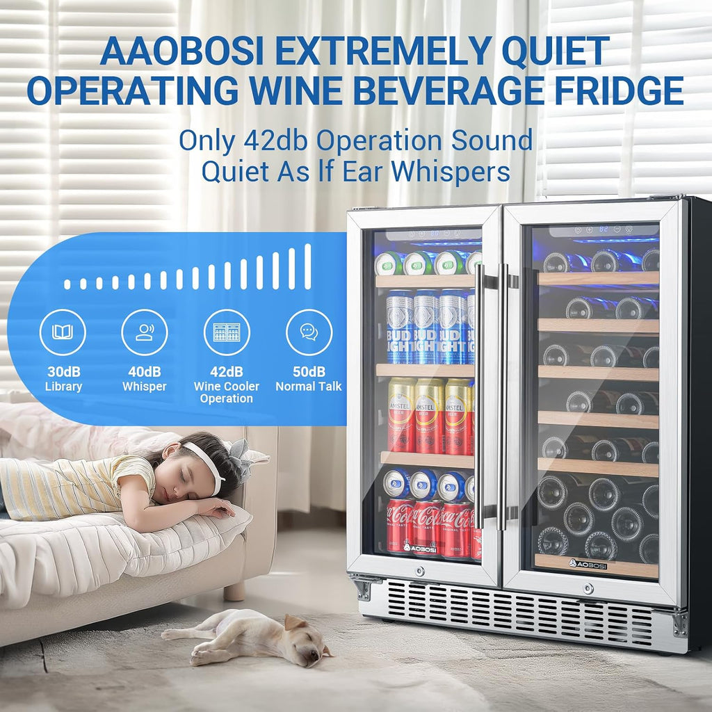 AAOBOSI 30 Inch Dual Zone Wine and Beverage Cooler,31 Bottles & 120 Cans Wine Fridge,Built-in and Freestanding,Removable Fashion Wooden Frame,Intelligent Digital Temperatrue Control,Low Noise