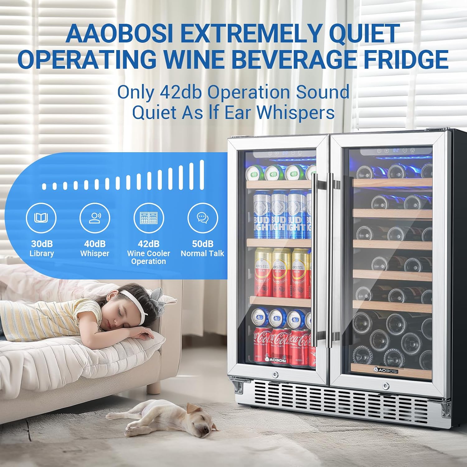 AAOBOSI 30 Inch Dual Zone Wine and Beverage Cooler,31 Bottles & 120 Cans Wine Fridge,Built-in and Freestanding,Removable Fashion Wooden Frame,Intelligent Digital Temperatrue Control,Low Noise