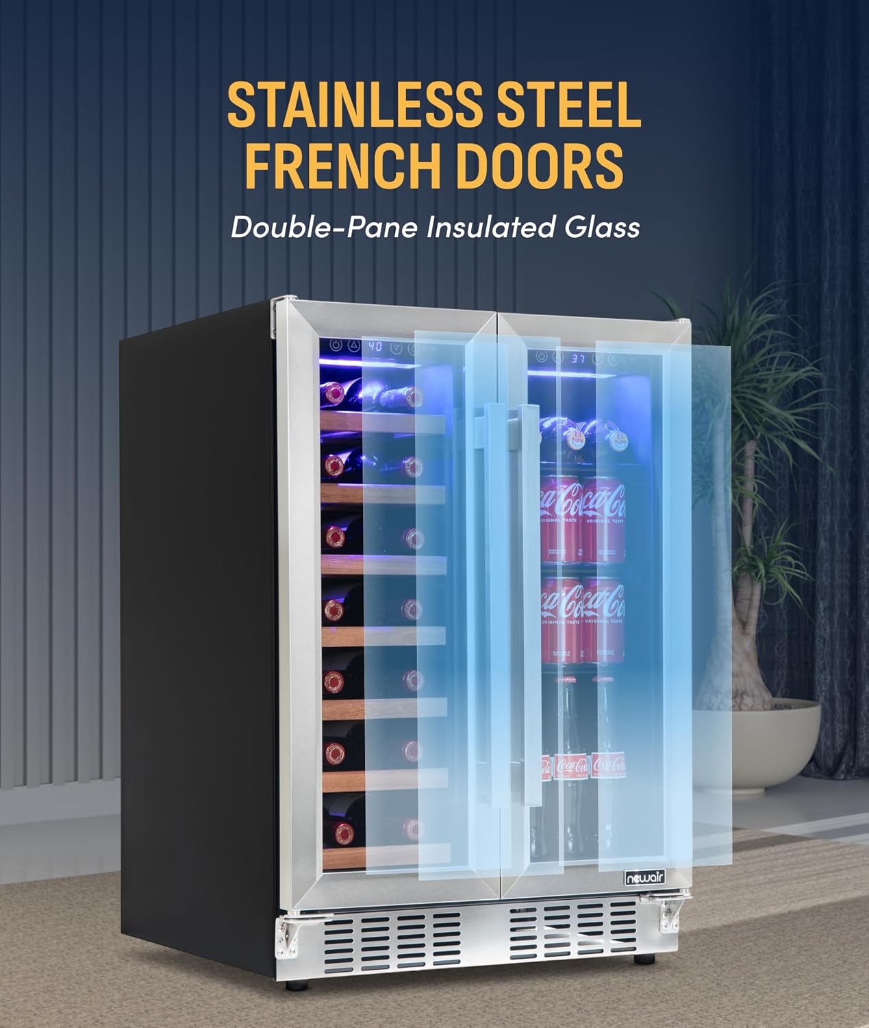 NewAir 24' Dual Zone Beverage Refrigerator & Wine Cooler for 20 Bottles & 78 Cans | Freestanding or Built-In Under Counter Mini Fridge for Beer, Wine and Soda | Stainless Steel