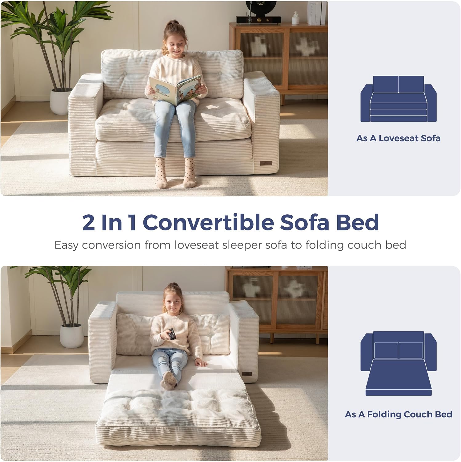 MAXYOYO Convertible Sofa Bed, Pull Out Loveseat Sleeper Sofa, 2 in 1 Folding Couch Bed, Fold Out Floor Couch with Pillows for Living Room Bedroom Lounge, Beige
