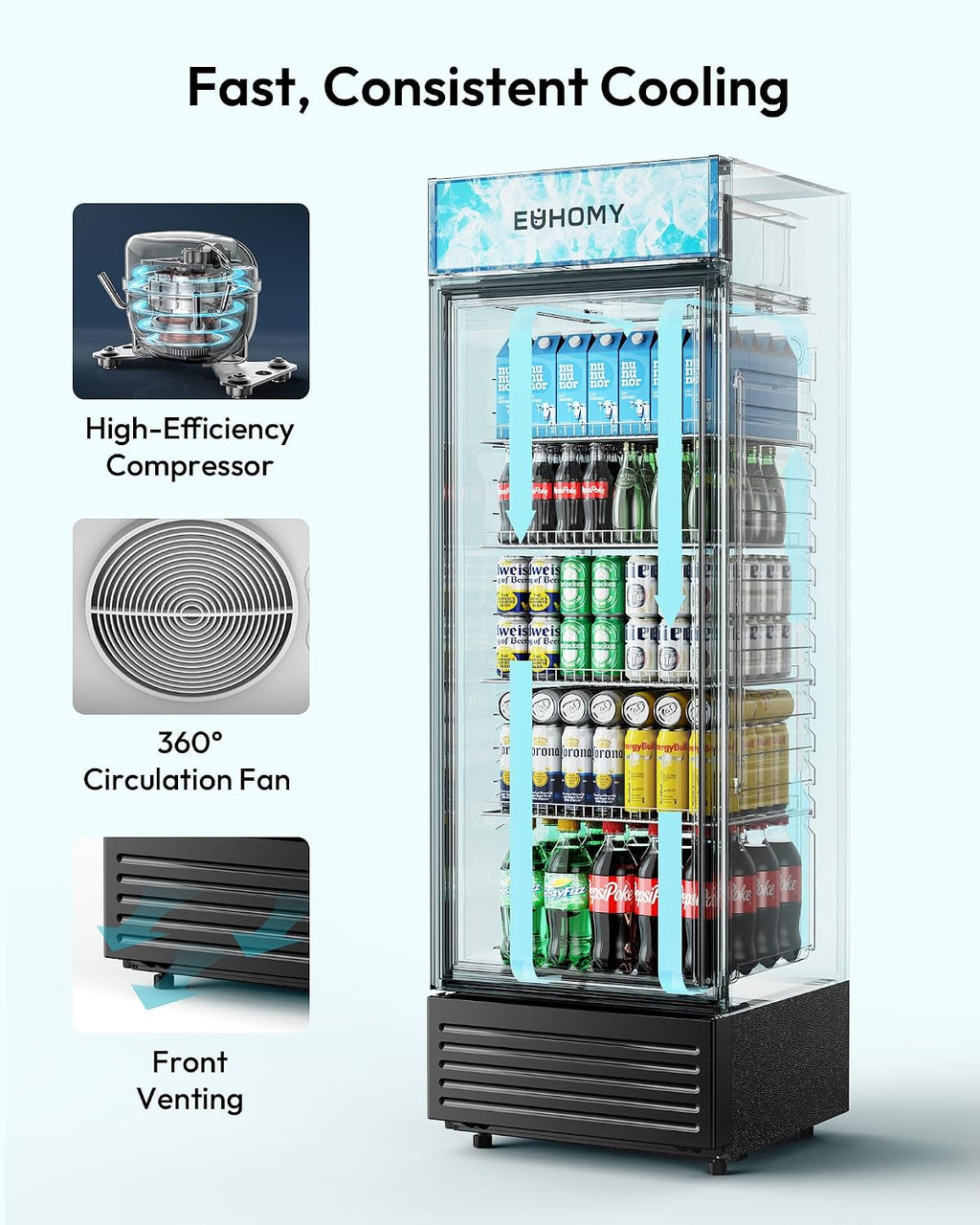 EUHOMY Commercial Refrigerator Glass Door, 12 Cu.Ft Commercial Beverage Refrigerator with Soft LED Light, Adjustable Shelves, Display Refrigerator for Restaurant Cafe Bar, ETL Listed