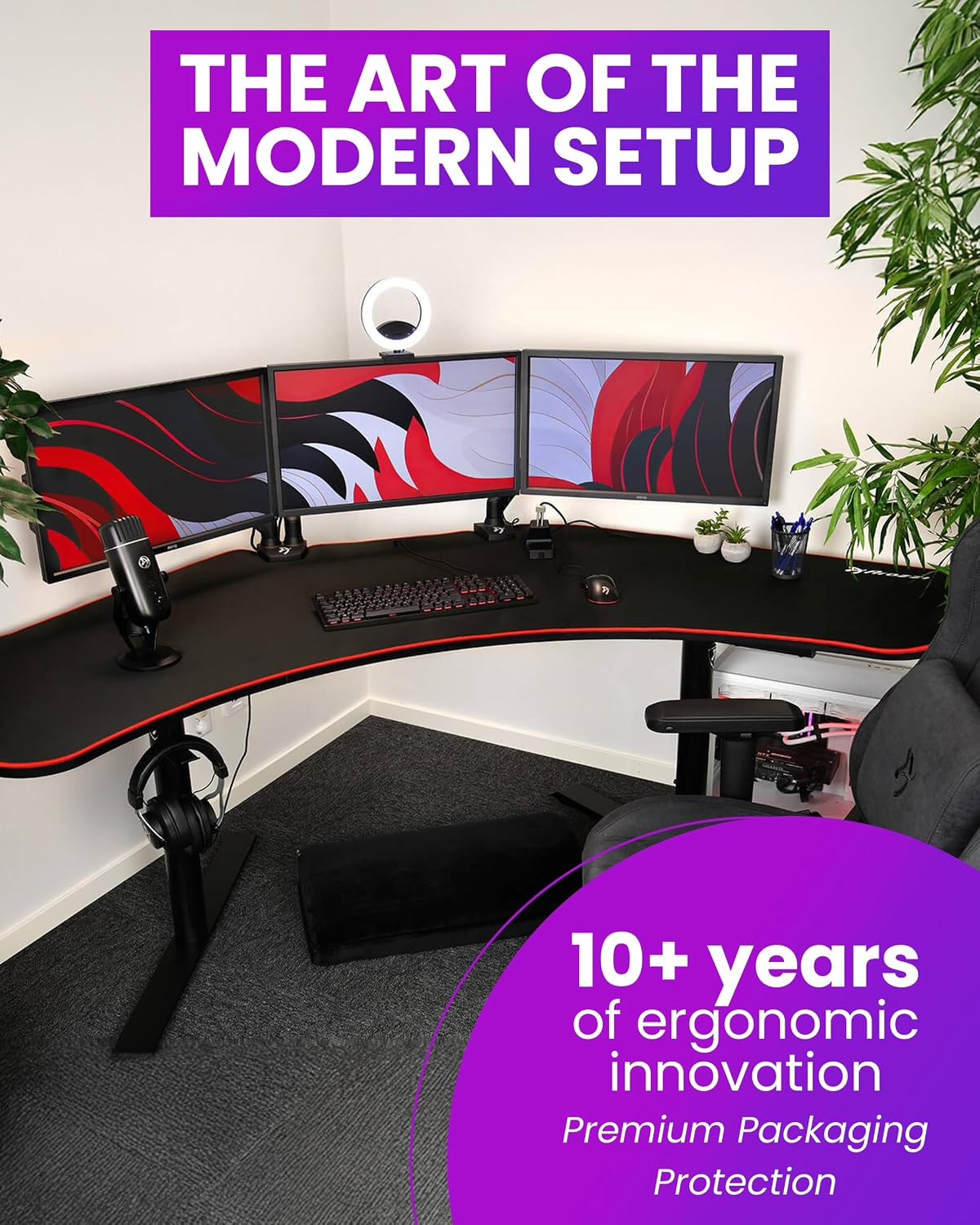 Arozzi Arena Angelo L Shaped GamingDesk, PC GamingDesk L Shape, Height Adjustable L Shaped Standing Desk for Home Office, with Full Coverage Mouse Pad (Black)