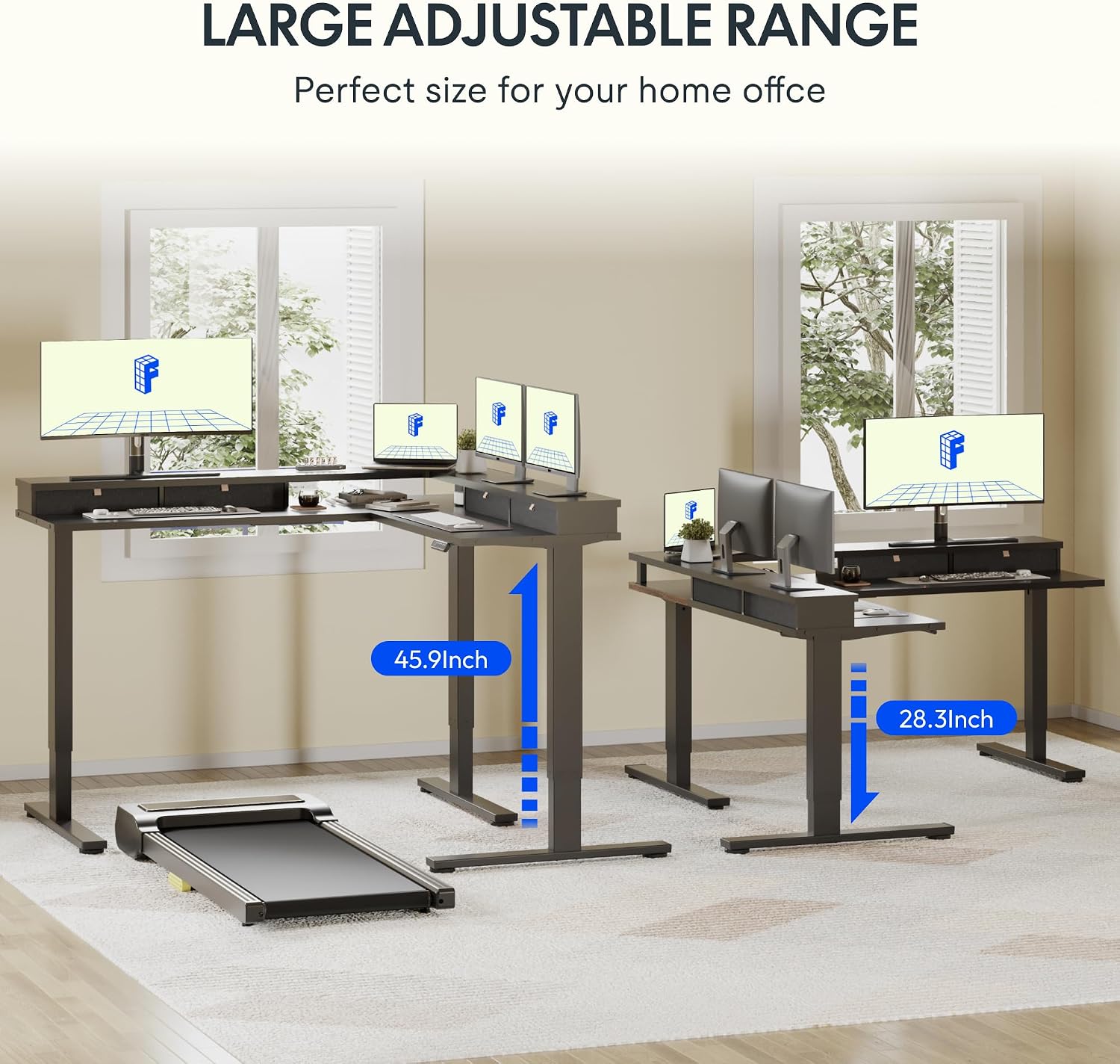 FLEXISPOT 63' L Shaped Standing Desk Electric Corner Table with Monitor Shelf, 4 Storage Drawers, Adjustable Computer Workstation for Home, Office, Game, Studio, Black Top + Black Frame