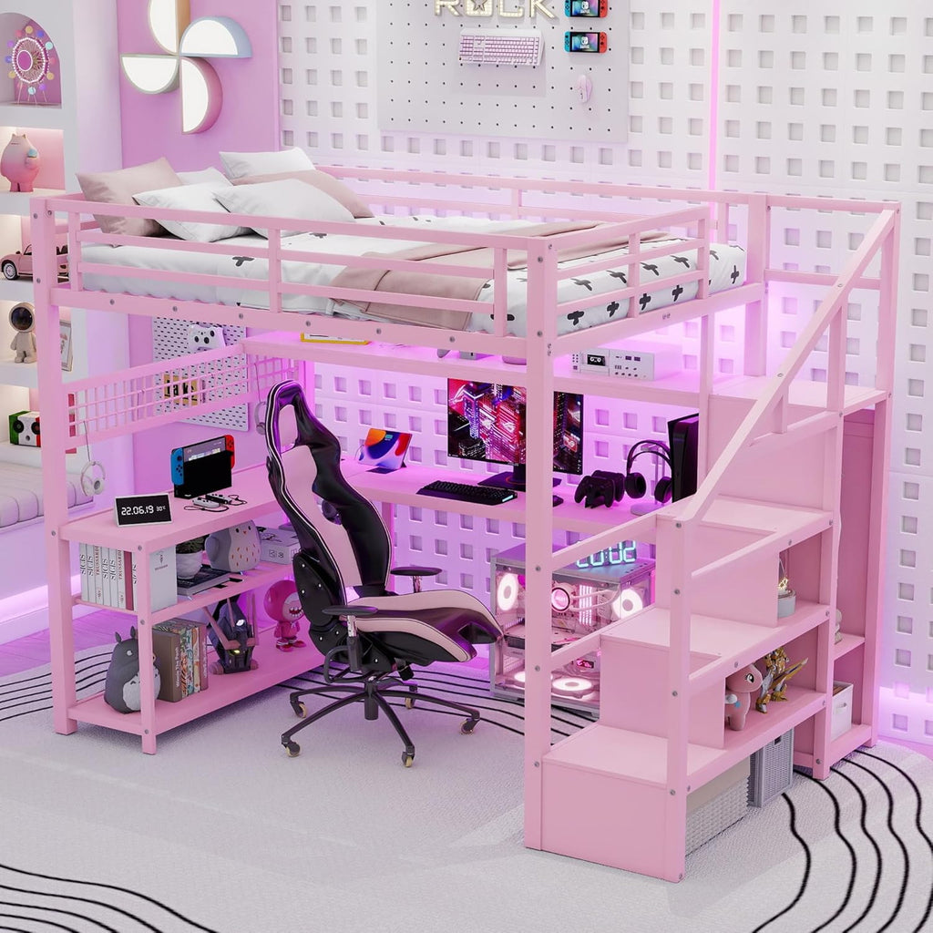 Full size Loft Bed with LED Light and Stairs, Metal Loft Bed Frame with Desk, Storage Drawers & Shelves, Hanging Rod, Gaming Lofts Beds with Charging Station for Adults Teens Kids Gamer, Pink