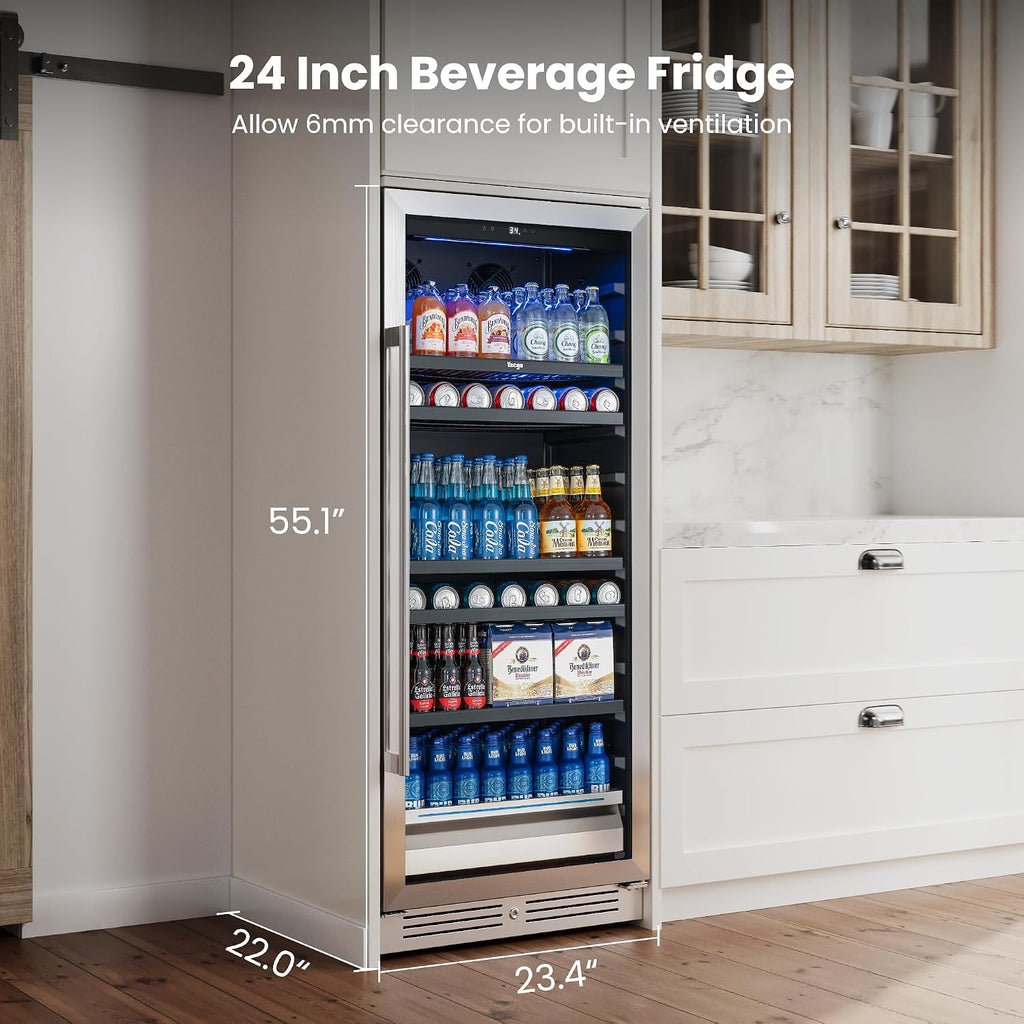 Yeego Beverage Refrigerator & Drink Fridge - 24 inch 238 Cans Beer Cooler with Glass Door, 34-54℉ Built-in or Freestanding Refrigerator with Door Lock, For Drink Soda Wine and Kitchen, Bar or Office