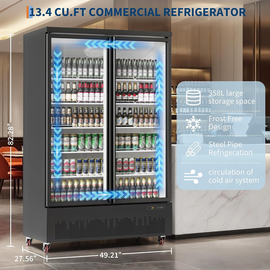 IDEALHOUSE Commercial Merchandiser Refrigerator, 13.4 Cu.Ft, Glass Door, Beverage Cooler, 5 Adjustable Shelves, Bar Fridge, Commercial Display, Large Capacity, Black, For Restaurant, Store, Bar