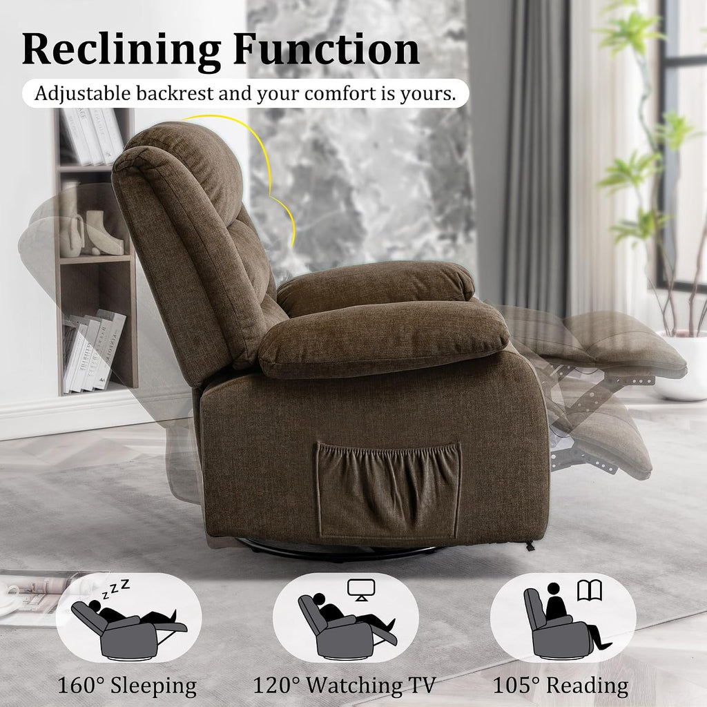 Korser Recliner Chair for Adults, Oversized 360° Swivel Rocker Recliner with Massage and Heat, Wide Nursery Glider Rocking Chair with Side Pockets, Cashmere Reclining Sofa for Living Room (Brown)