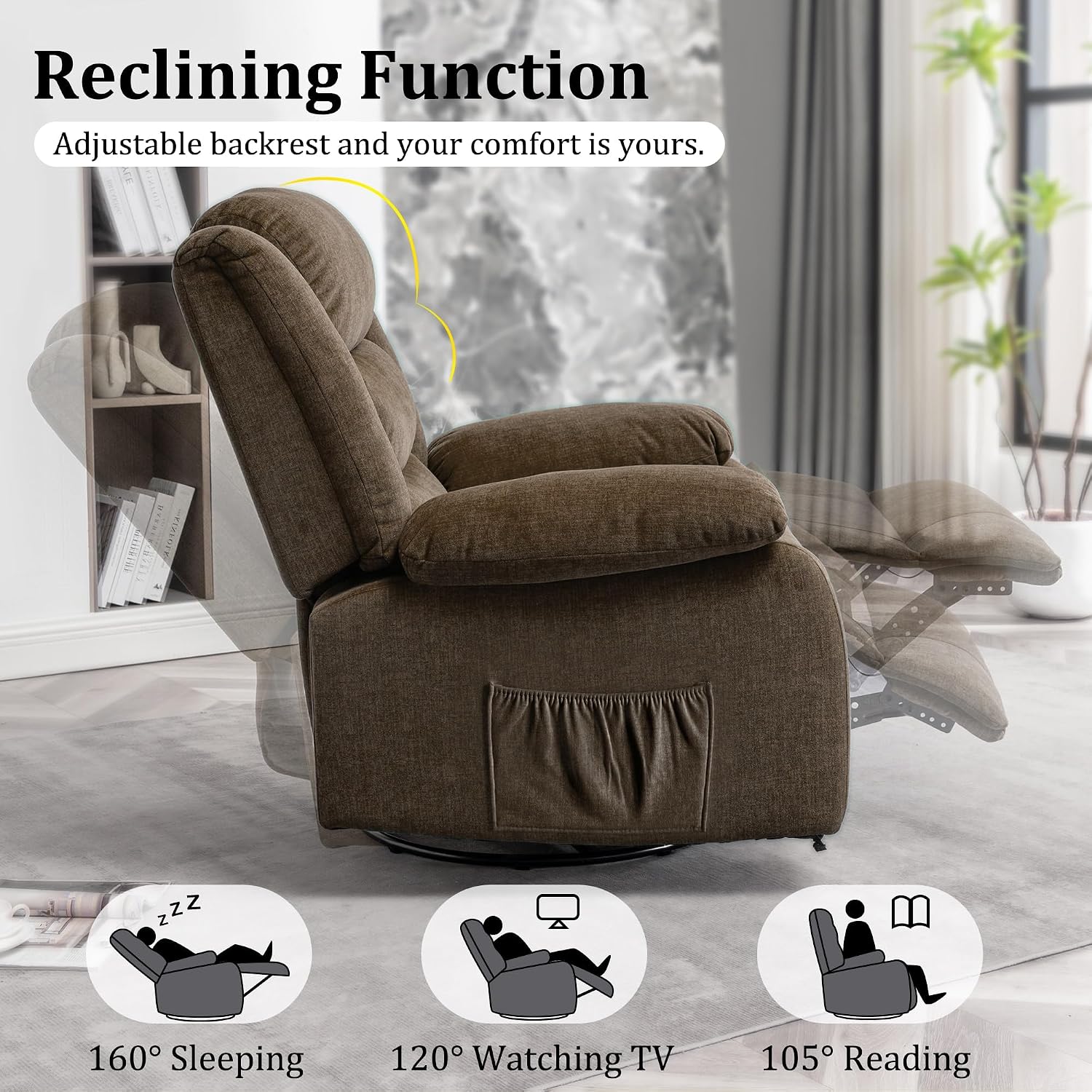 Korser Recliner Chair for Adults, Oversized 360° Swivel Rocker Recliner with Massage and Heat, Wide Nursery Glider Rocking Chair with Side Pockets, Cashmere Reclining Sofa for Living Room (Brown)