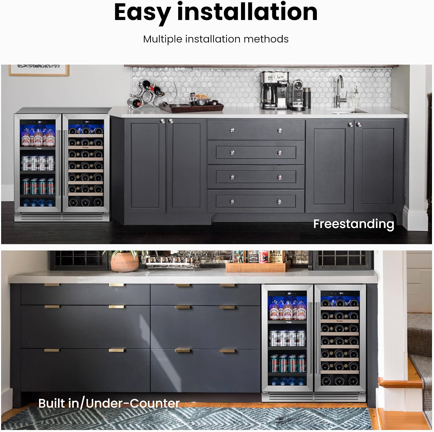 Yeego Wine and Beverage Refrigerator, 30 Inch Dual Zone Wine Fridge with Glass Door, 36-72℉ Beer Cooler Holds 33 Bottles and 80 Cans, Built-In or Freestanding Beverage Cooler for Home Bar Office